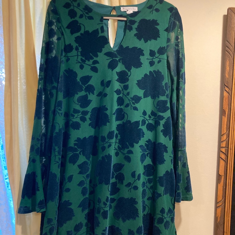 Loveriche Emerald Green Velvet and Mesh Floral Dress